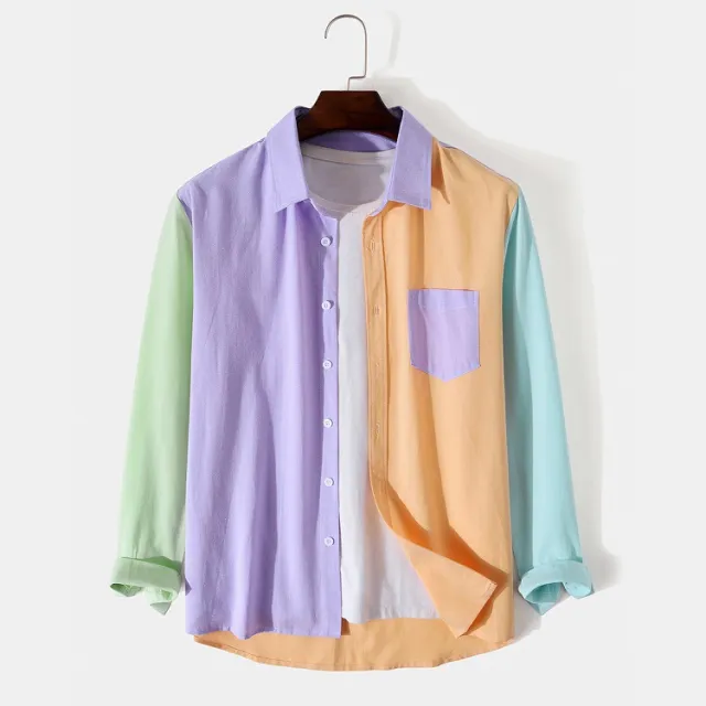 Men's Shirt Fashion Lapel Long Sleeve Colorblock Purple - Shop at LoveMi
