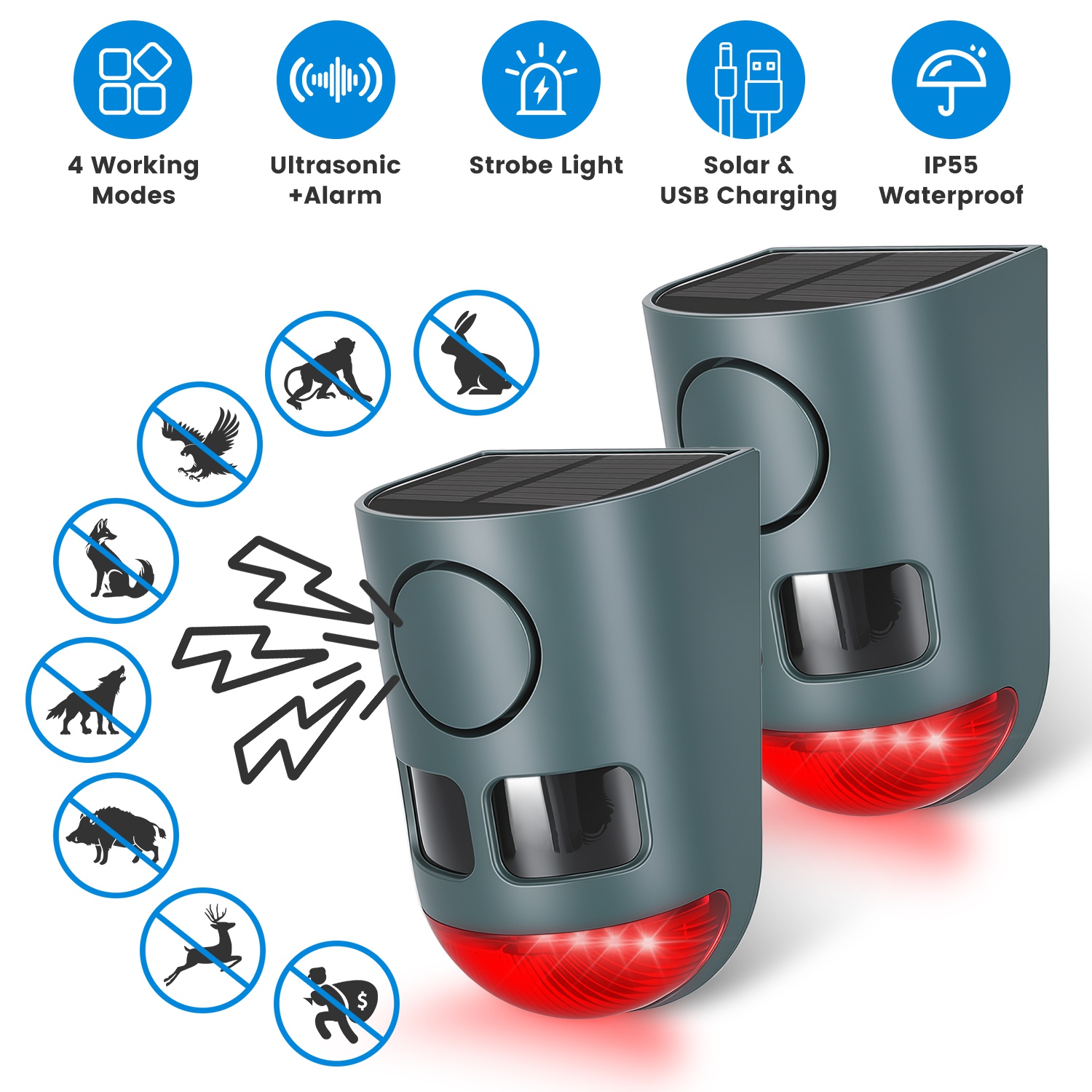 2Pack OR 1Pack Option 3-In-1 Ultrasonic Solar Animal Repeller Motion Activated Animal Repellent With Ultrasonic Sound Alarm Strobe Light 4 Modes IP55 Waterproof For Deer Raccoon Squirrel Skunk Coyote
