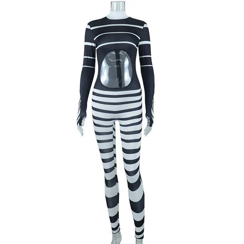Women's Stand Collar Hollowed Out Print Long Sleeve Hip-lifting Bodysuit - Black