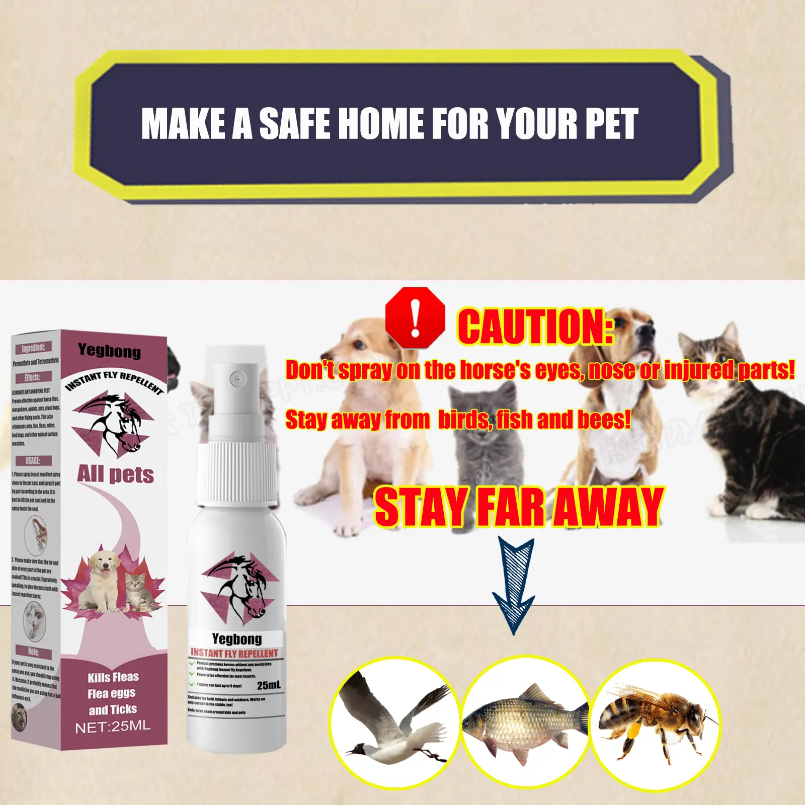 Pet Instant Fly & Pest Repellent Spray 25ml, Kills Fleas, Ticks, Flea Eggs, Safe For Dogs, Cats & Horses