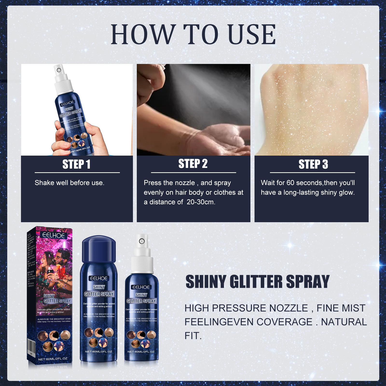 Shiny Glitter Spray, Body Hair Clothes Highlight: Shimmer Spray For Halloween Club Party, Long Lasting Sparkle Glitter For Skin Outfits