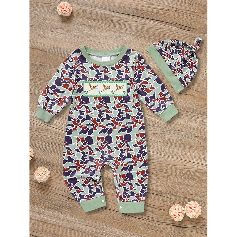 Newborn Baby Boy Outfits Long Sleeve Animal Print Romper & Hat 2Pcs Fall Winter Clothes Set in Green