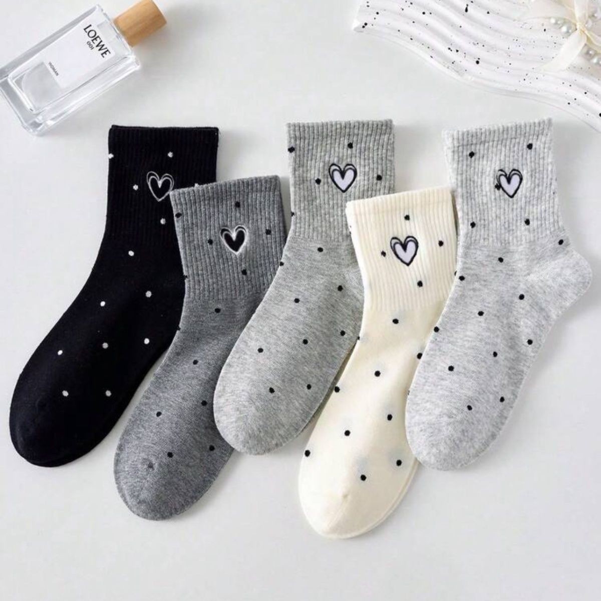 Women's Cute Heart & Polka Dot Crew Socks, Black White Gray Ribbed Knit Socks, Soft Cotton Mid-Calf Socks For Daily Wear & Preppy Style