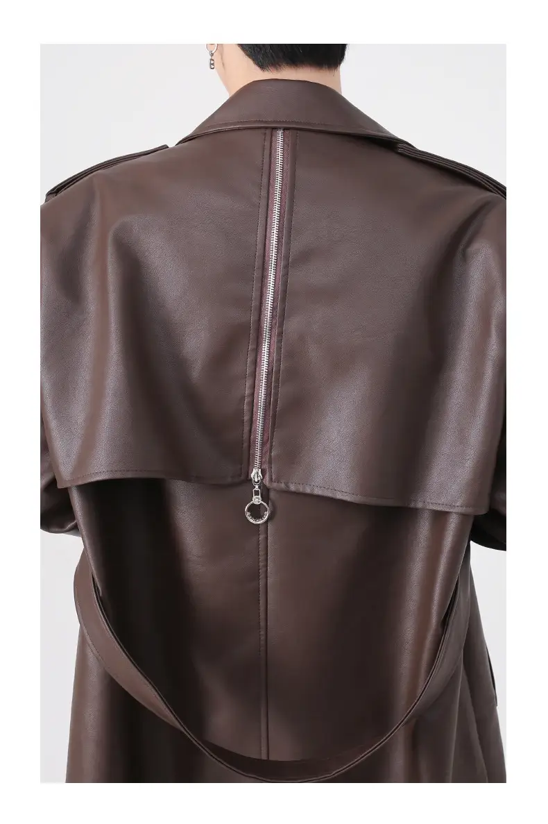 Design Sense Metal Zipper PU Shoulder Pad Medium Length Coat
