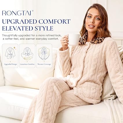 RONGTAI Leopard Button Down Pajama Set Long Sleeve Plush Fleece PJs — image 4