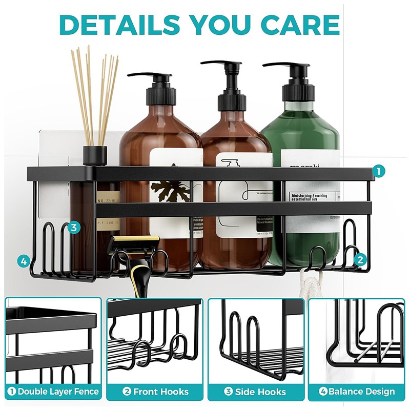 3x Self Adhesive Bathroom Shower Caddy Shelf Rack Storage Black Stainless Steel — image 2