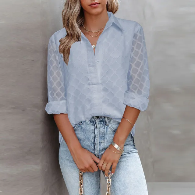 Tulle Long Sleeved Lace Shirt Women's Loose Top Sky Blue - Shop at LoveMi