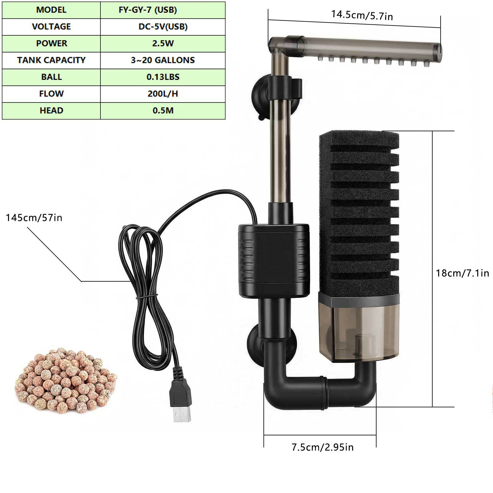 Aquarium USB Filter Sponge Fish Tank Quiet Bubble Filter With 1 Bag Of Filtered Ceramic Balls For Salt Water And Fresh Water 7