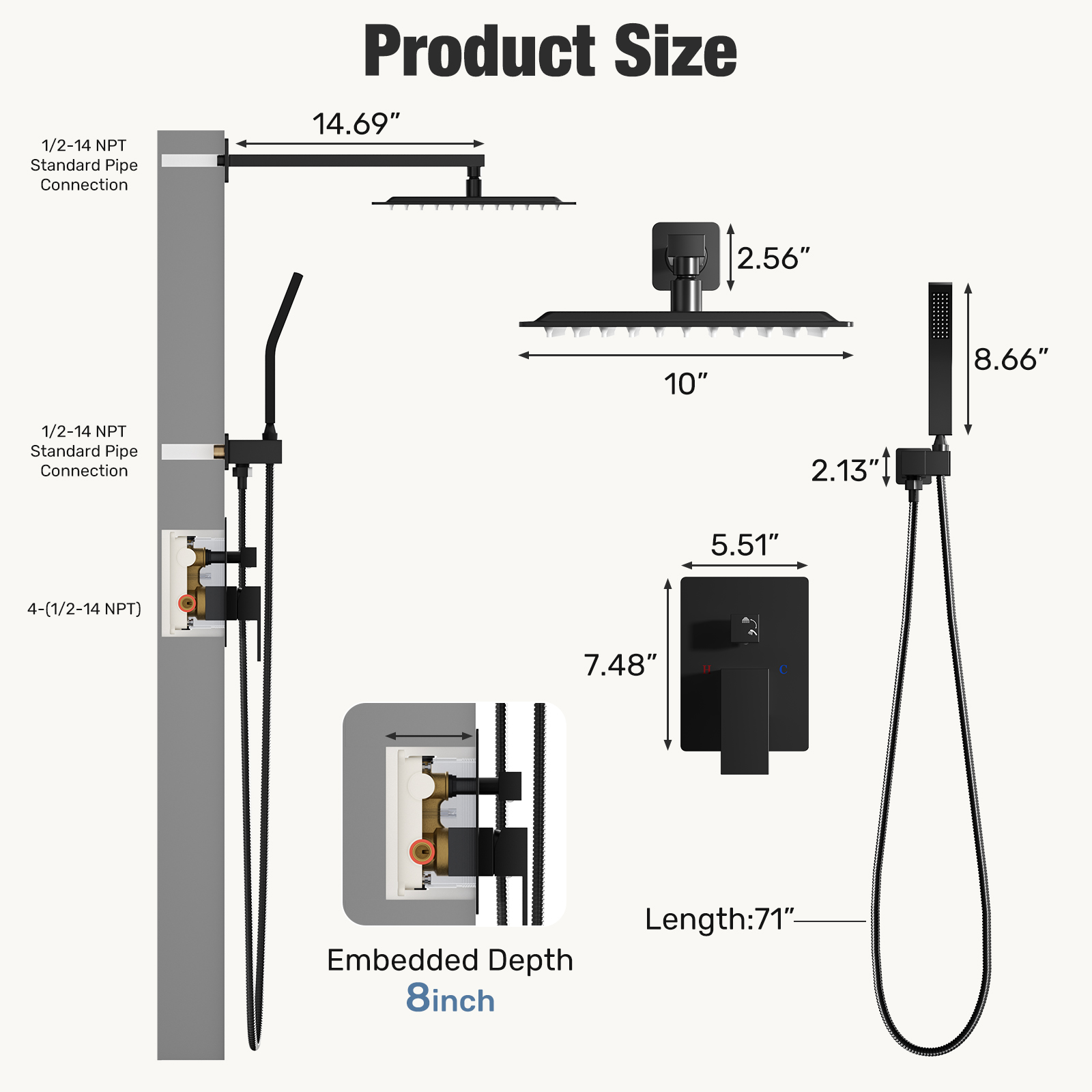 Wall-mounted Shower Faucet Set - 10-inch Square Overhead Spray - Handheld Shower Head With Pressure Balance And Temperature Control Valve — foto 4