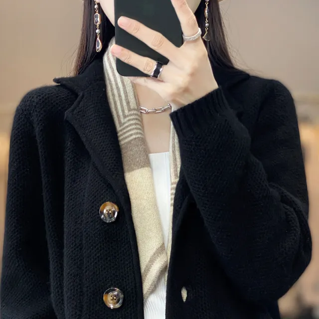 Cardigan Suit Collar Cardigan Coat Woman Black - Shop at LoveMi