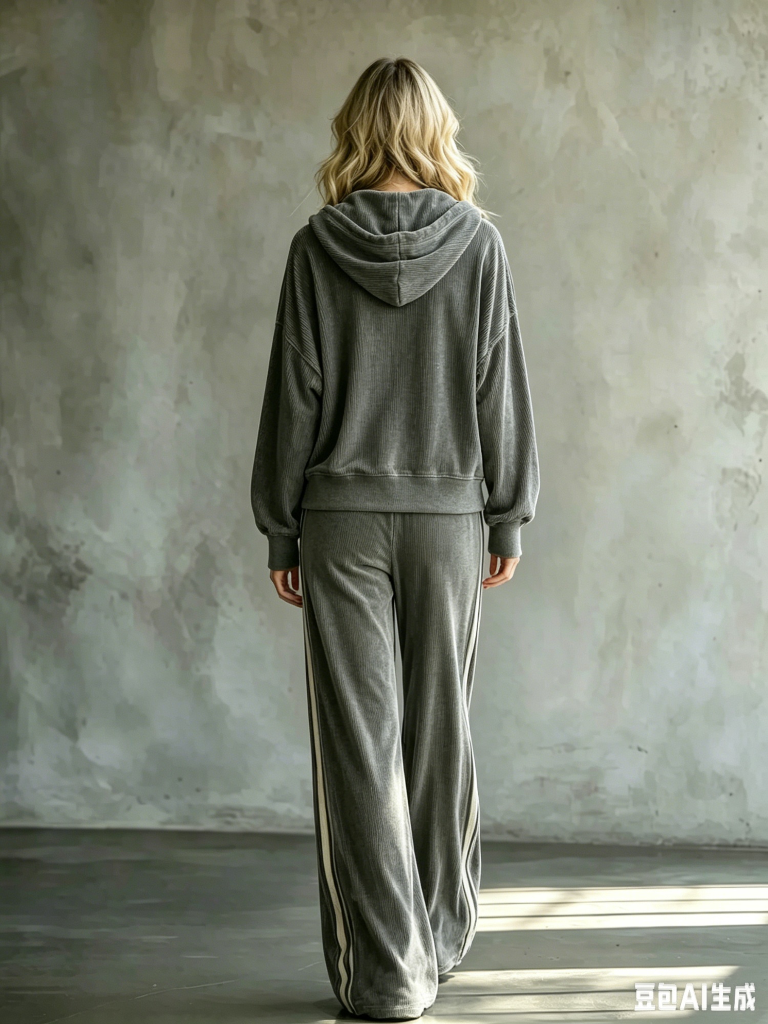 Cozy Grey Velvet Tracksuit, Oversized Hoodie Contrast Side Stripe Drape Wide Leg Sweatpants Outfit