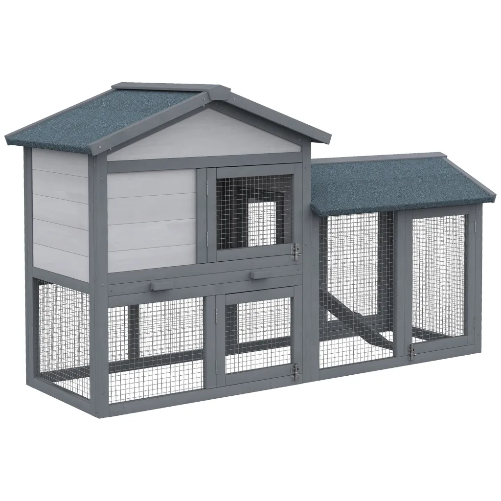 Outdoor Rabbit Hutch Wooden Bunny Cage Guinea Pig House With Run Area Removable Tray Asphalt Roof Lockable Doors Ramp Gray - Grey
