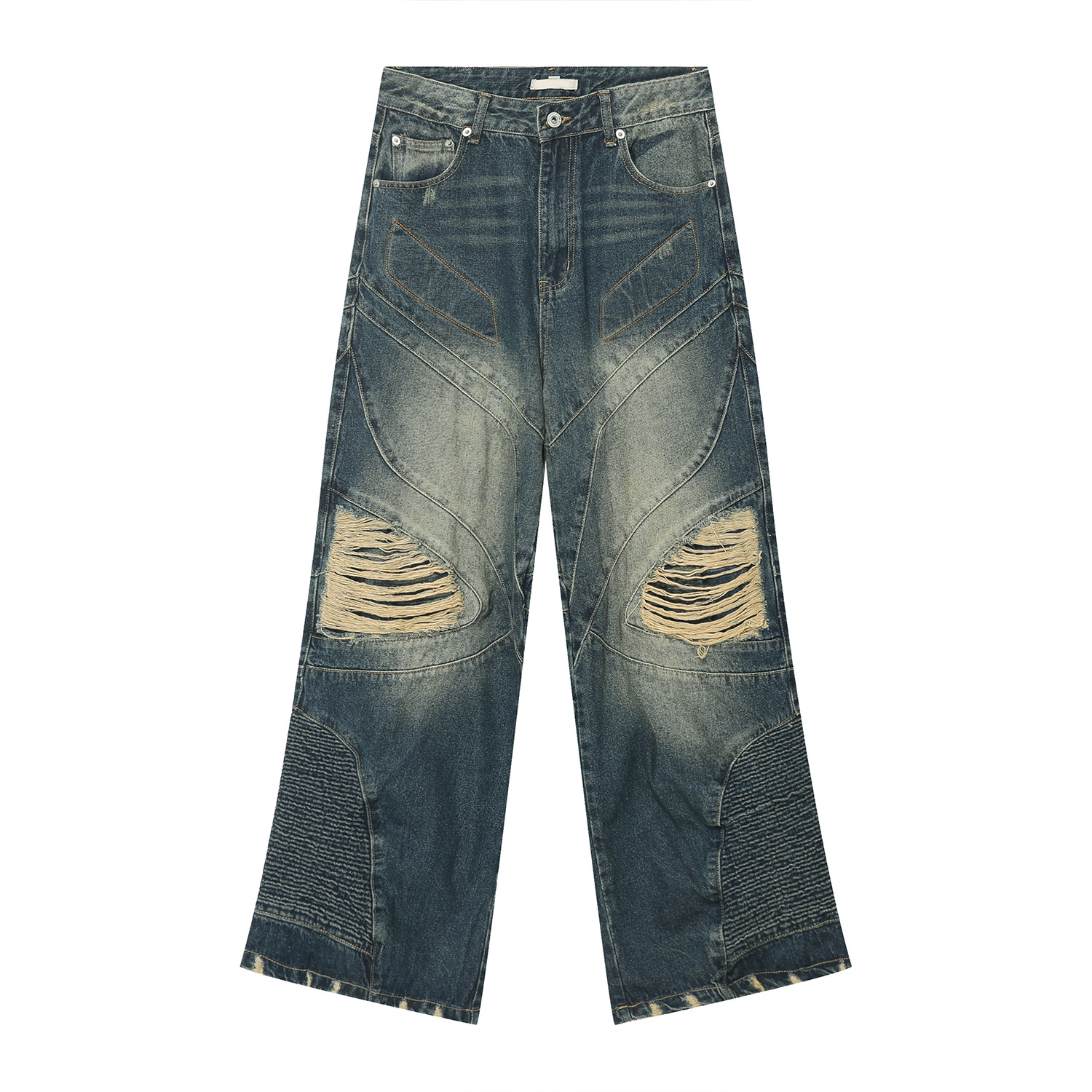 Loose Wide Leg Stitching Design Hip Hop Ripped Jeans