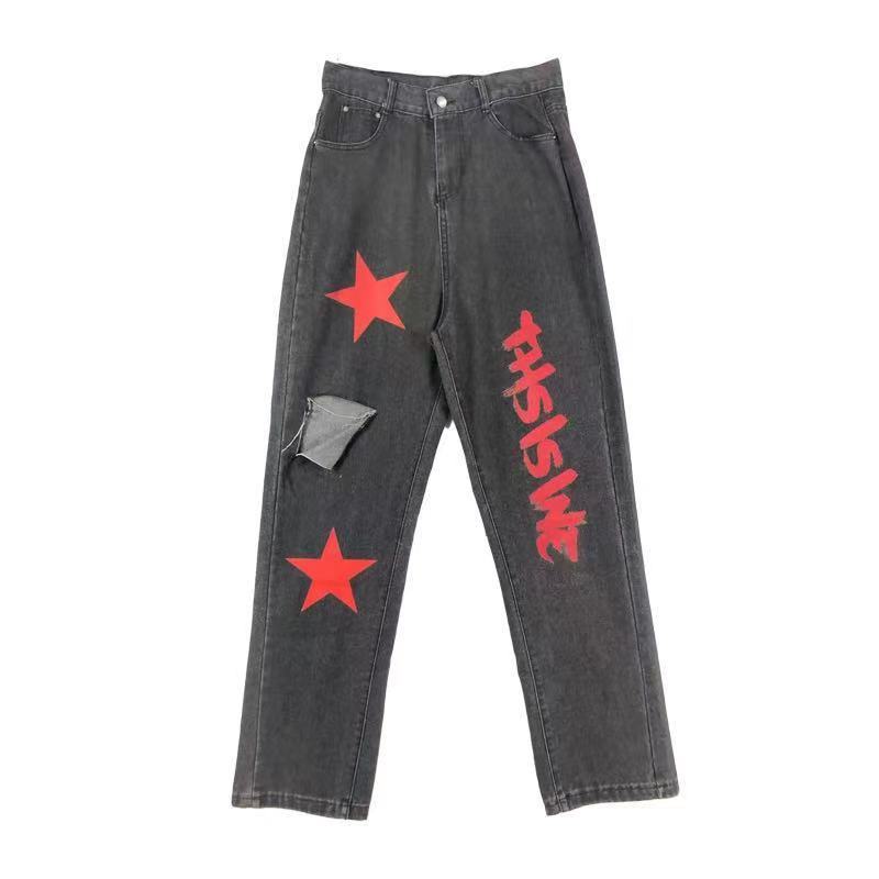 Vintage Stars Print Ripped Straight Wide Leg Jeans Black - Shop at LoveMi