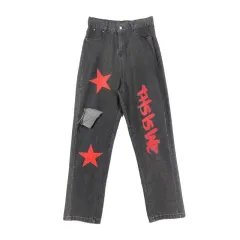 Vintage Stars Print Ripped Straight Wide Leg Jeans - Black - View 1