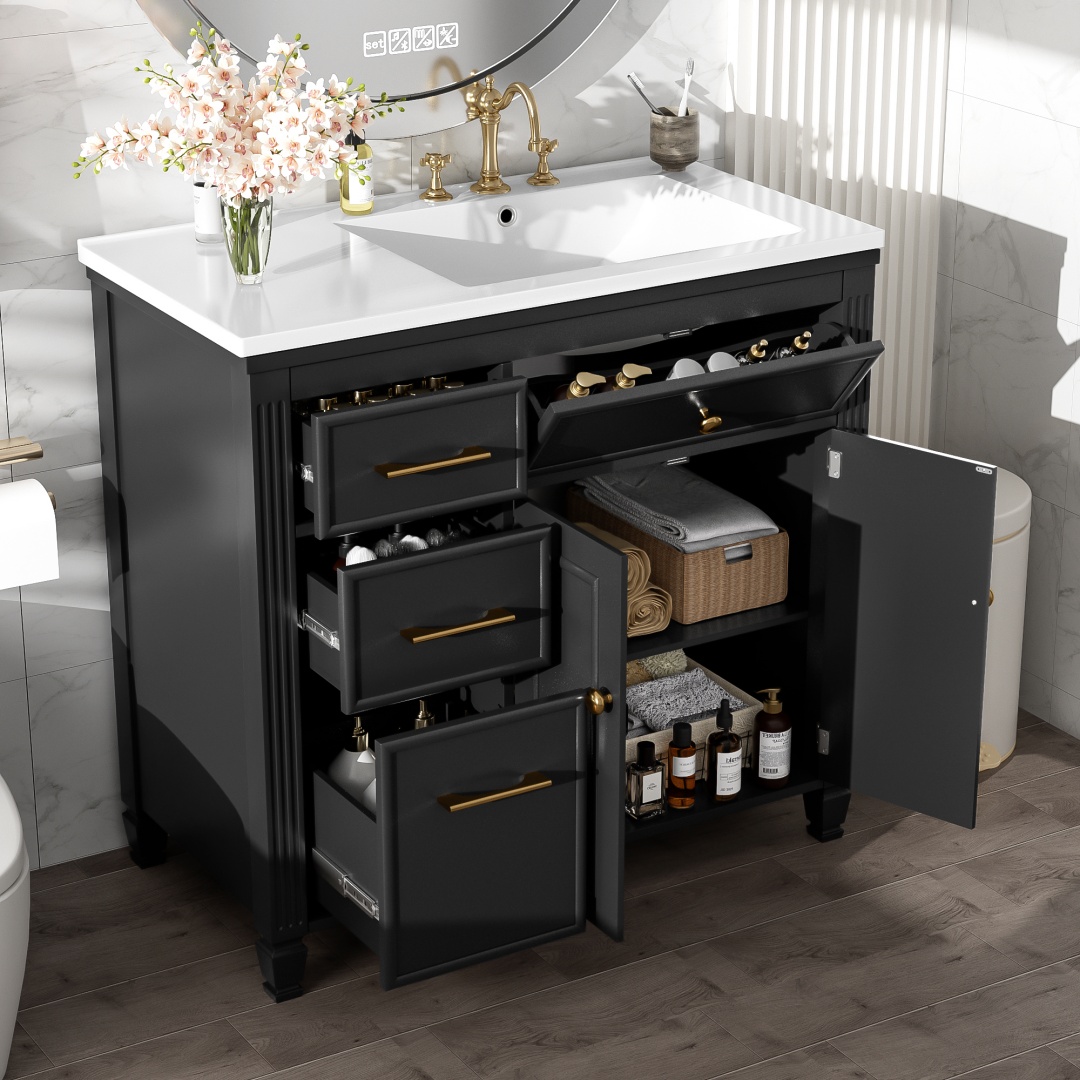 36in Bathroom Vanity With Sink, Ceramic Sink, One Tip-out Drawer, 3 Side Drawers, Adjustable Shelf, Black