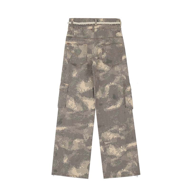 Retro Multi-pocket Camouflage Hemp Rope Wide-leg Pants