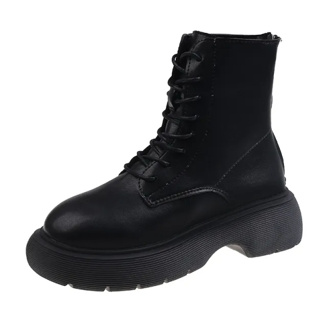 Leather Round Toe Chunky Heel Lace up Martin Boots Black - Shop at LoveMi