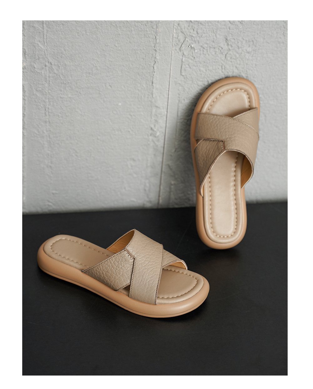Crisscross Strap Platform Slides Taupe – Sarah Express