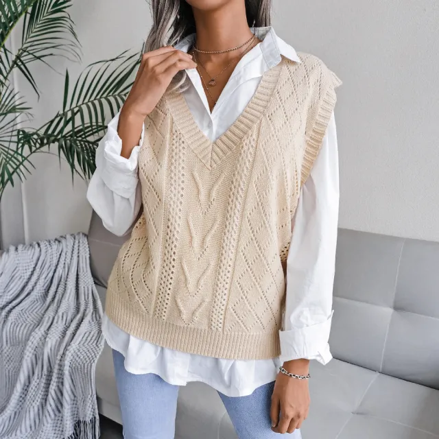 European & American Hollow Out Cable Knit V Neck Sleeveless Sweater Apricot - Shop at LoveMi