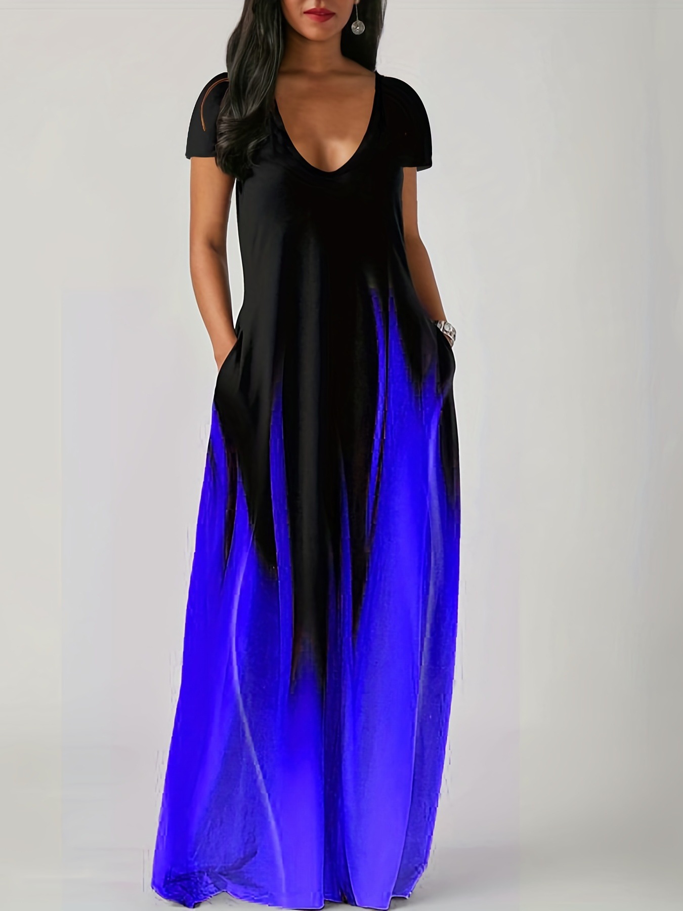 Women's Ombre Gradient Short Sleeve Maxi Dress With Pockets Casual V-Neck Loose Fit Long Dress For Summer