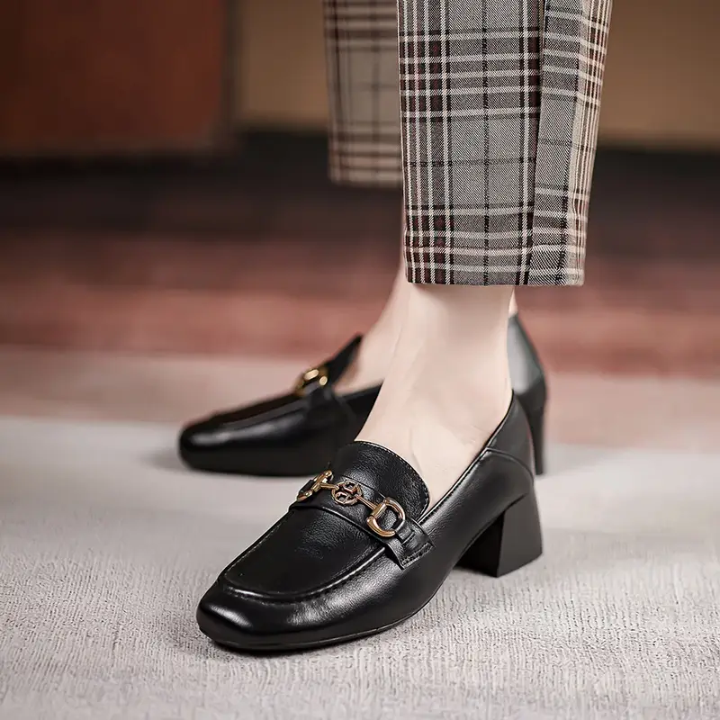 Horsebit Loafer Women's Leather Mid-heel Square Toe Women's Shoes