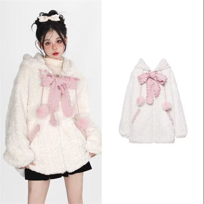 Little Wild Cat Hooded Sweater Women's Tie Bow