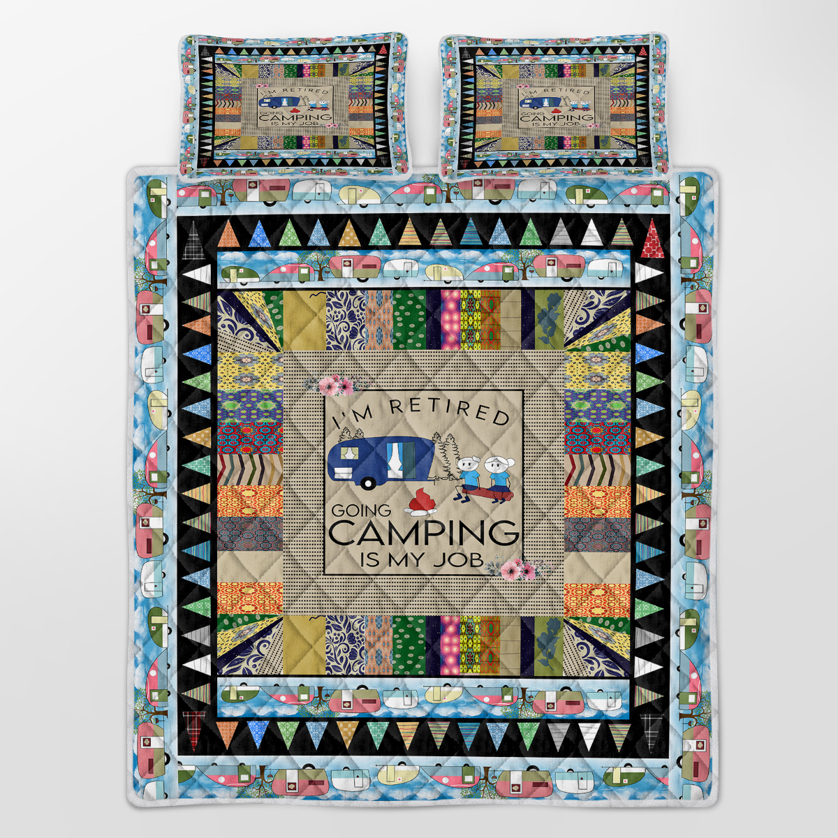 Retired Camping Is My Job Funny Camping Camper Quilt Set Camper Retirement Gift All Season, Lightweight, Coverlet Bedspread Bedding, 2 Matching Shams, 3 Piece