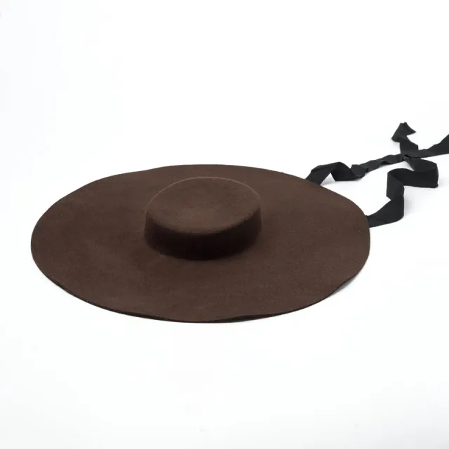 European And American New Fashion Shallow Flat Top Large Brim Wool Hat Coffee - Shop at LoveMi