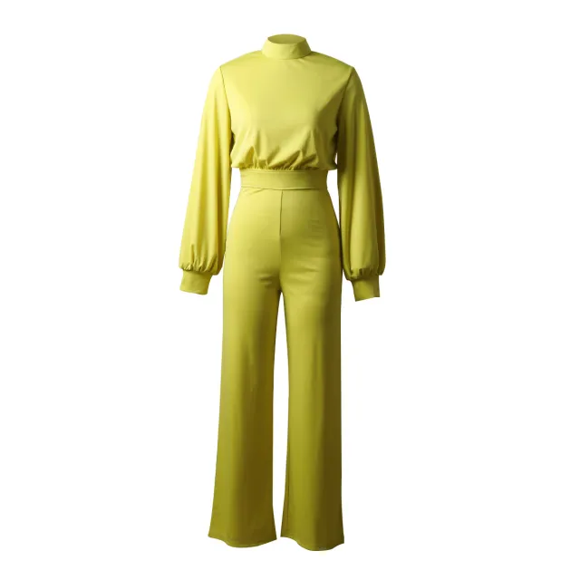 Sexy Wide Leg Pants Solid Color High Neck Halter Long Sleeve Casual Jumpsuit Yellow - Shop at LoveMi