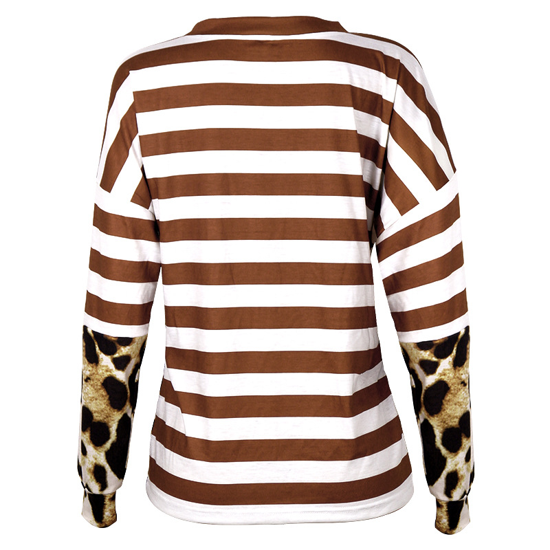 Stitched Leopard Print Long-Sleeved Round Neck Top