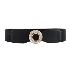 New Ladies Diamond Inlaid Rhinestone Elastic Elastic Belt Simple Round Buckle Skirt Shirt Decoration Suit Belt - Black - View 1