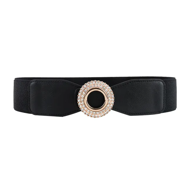 New Ladies Diamond Inlaid Rhinestone Elastic Elastic Belt Simple Round Buckle Skirt Shirt Decoration Suit Belt Black - Shop at LoveMi