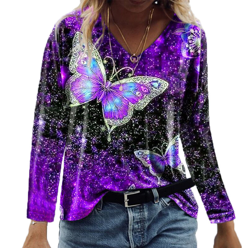 Title 3, Casual Top V-Neck Butterfly Print Loose Long Sl...