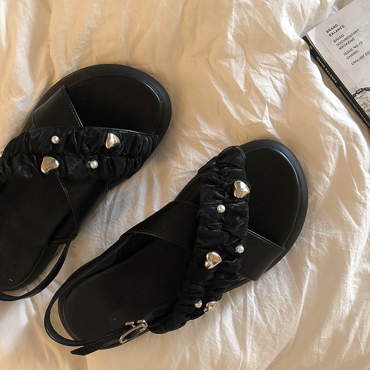 Flat French Black Thick Sole Roman Women's Sandals