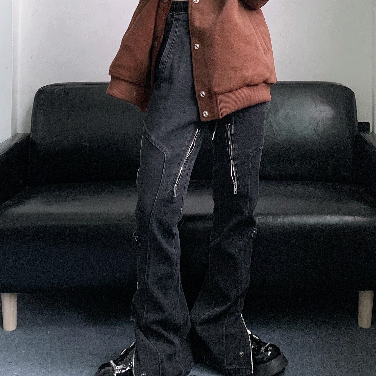 Niche Distressed Wash Jeans With Side Open Zipper Micro flared Black - Shop at LoveMi