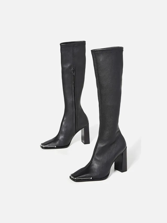 Chunky Heel Leather Slim Out Knee Boots Black - Shop at LoveMi