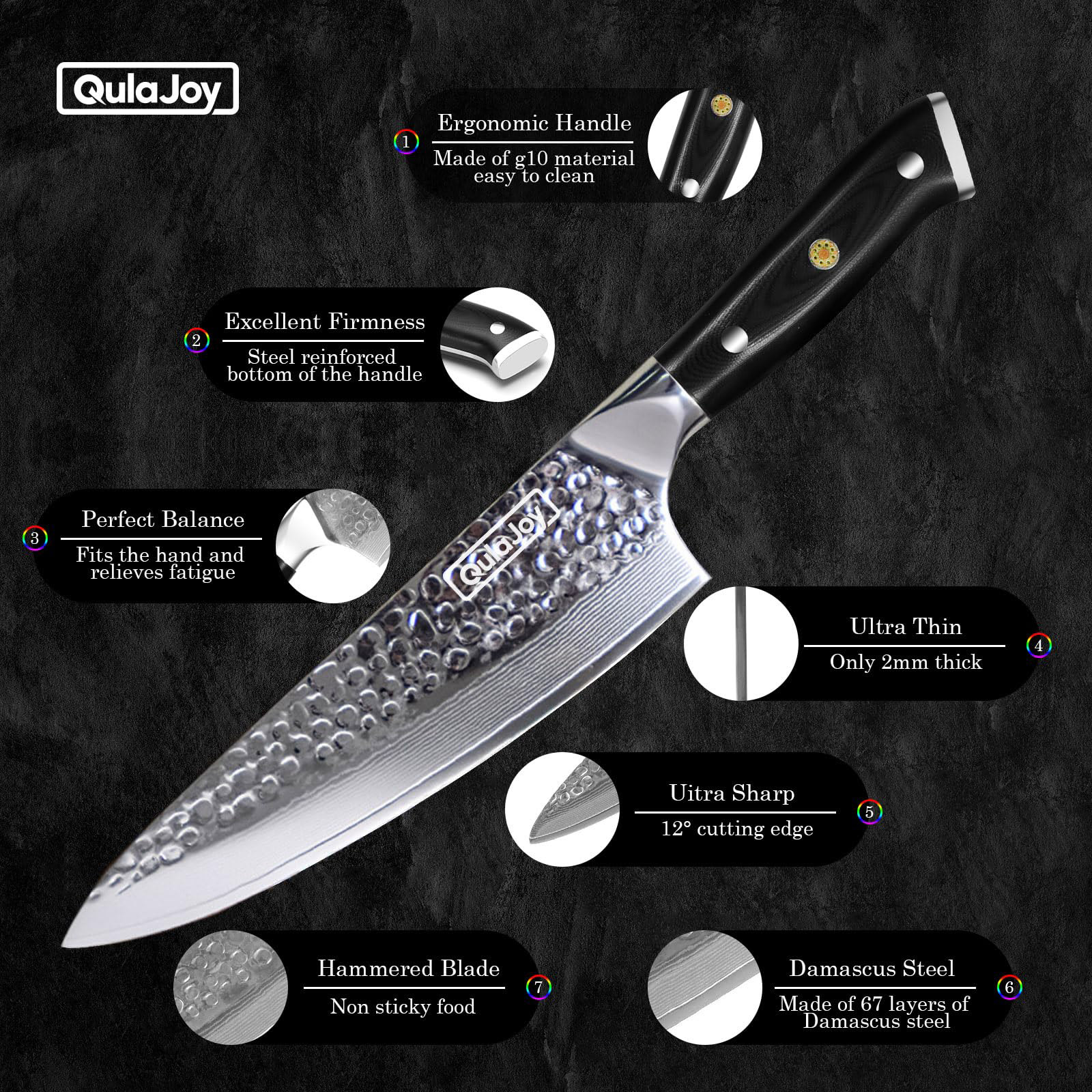 Qulajoy Chef Knife 8 Inch, Professional Japanese VG-10 Damascus 67 Layer Blade, Ultra Sharp Hammered Master Chefs Knife, Ergonomic G10 Handle, Triple Rivet And Full Tang