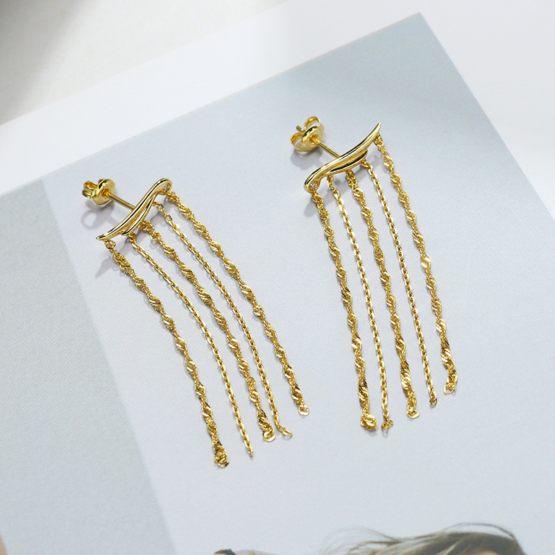 Women's Sterling Silver Gold Plated Long Dangling Tassel Earrings