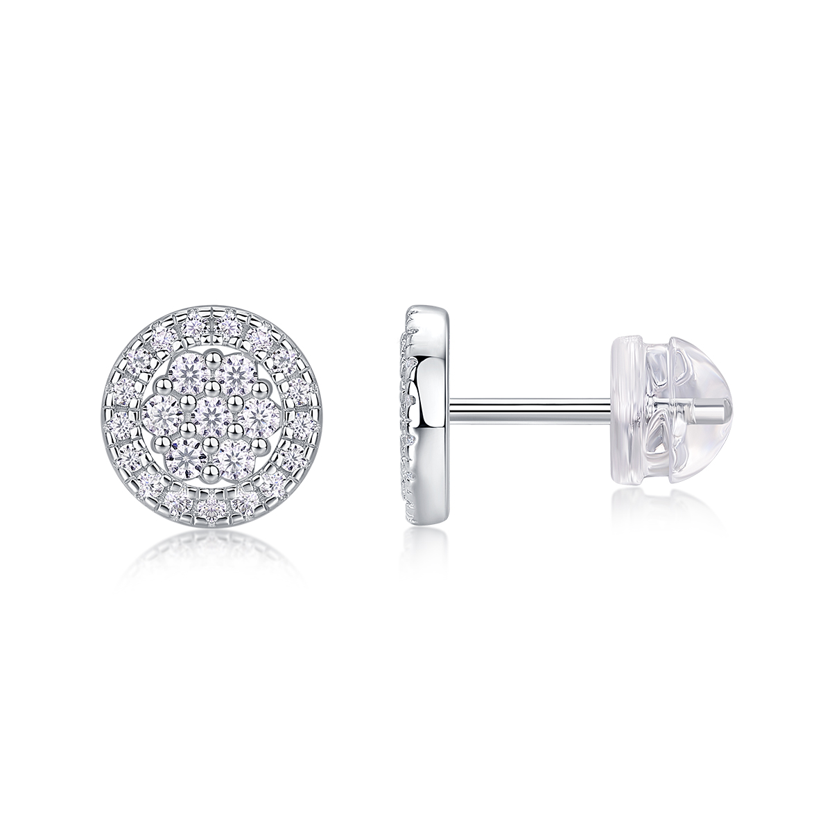 S925 Sterling Silver Round Halo Stud Earrings, D-VVS1 Moissanite Pave Cluster, Platinum Plated 1.4g Women's Jewelry Gift Box