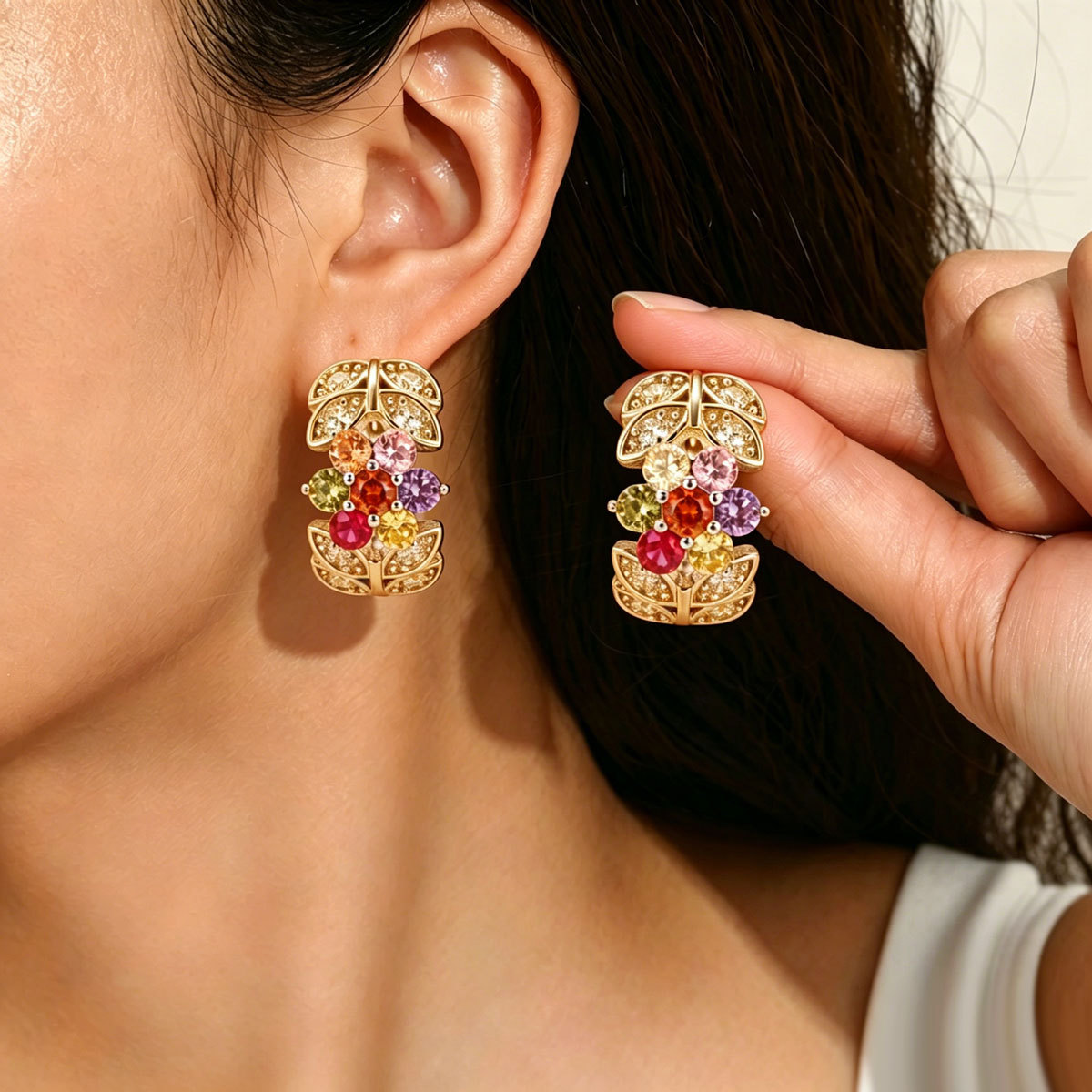 European American Cross-Border Light Luxury Earrings For Women, Geometric Leaf Stud Earrings Inlaid Multicolor Cubic Zirconia, Niche Elegant Daily Ear