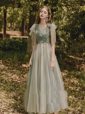 Bridesmaid Long Skirt Female Wedding Dress Host Annual Meeting Dinner Green - Green