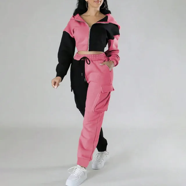 Women's Color Block Set, Full Zip Up Cropped Hoodie Jacket & Drawstring Cargo Pants, Casual Streetwear Outfit Pink - Shop at LoveMi