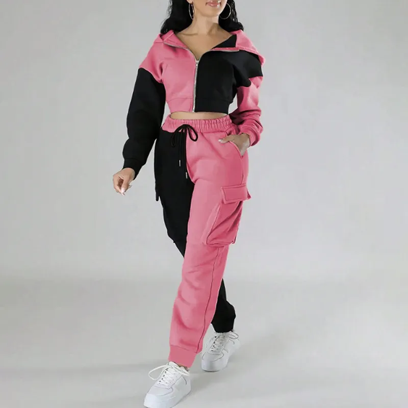 Women's Color Block Set, Full Zip Up Cropped Hoodie Jacket & Drawstring Cargo Pants, Casual Streetwear Outfit - Pink