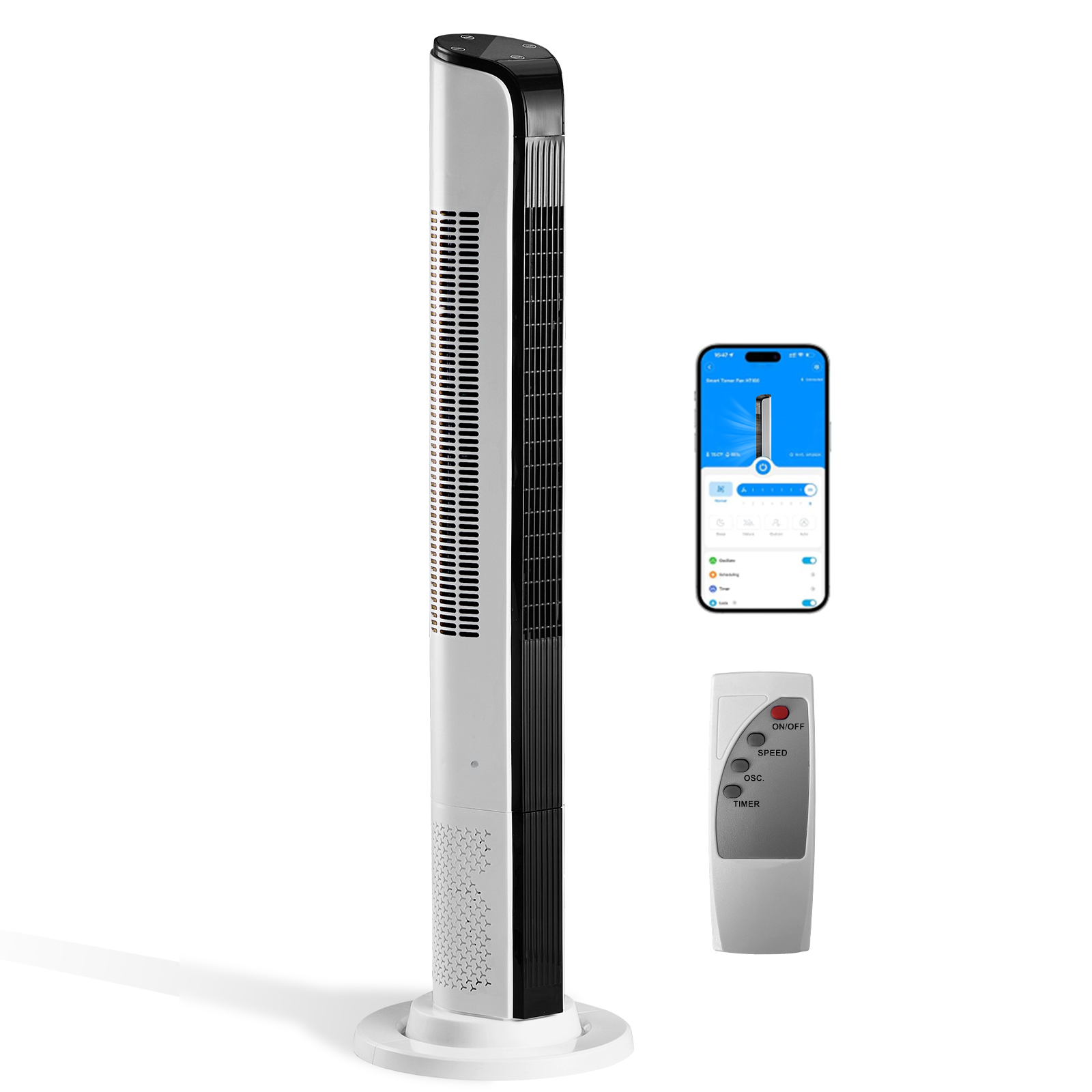 42 Inch Smart Tower Fan, 110V 65W All-Copper Motor Bladeless Standing Fan, Remote WiFi APP Control, Digital Display, 3 Speeds 3 Modes, 12H Timer, Space Saving Tower Fan For Bedroom Living Room, No Wat — foto 7