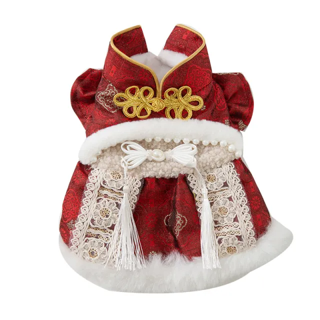 Luxury Year Pet Qipao Dress With Lace & Faux Fur Trim, Festive Red Dog Gown For Lunar New Year Celebrations Red - Shop at LoveMi