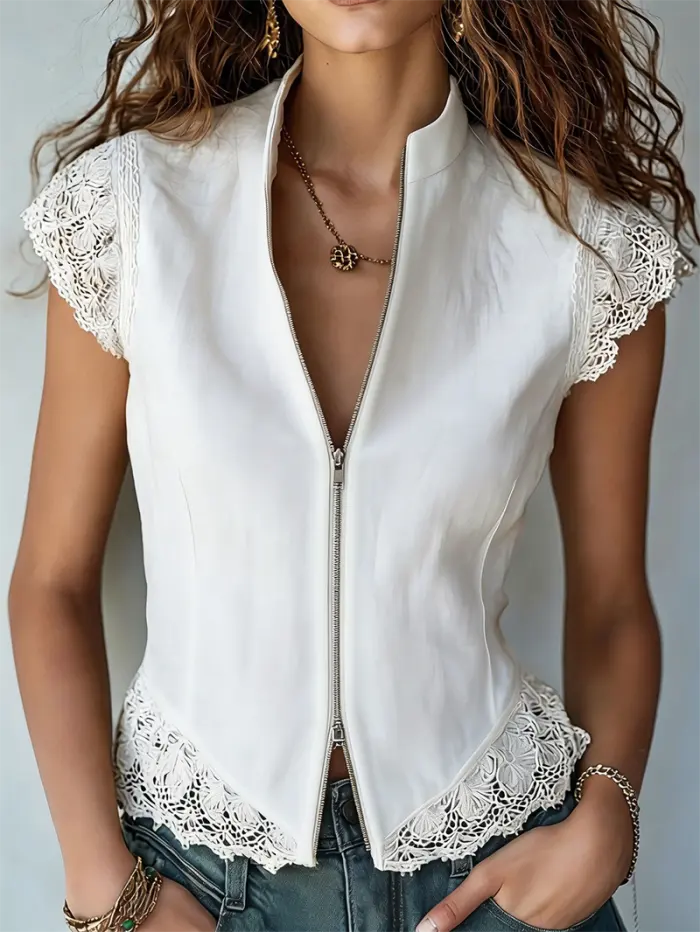 Lace Trim Zip Front Stand Collar Vest