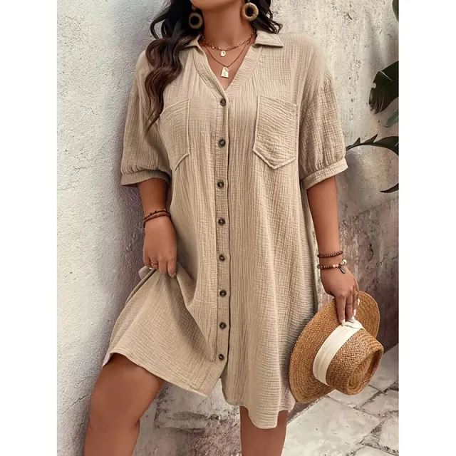 Womens Cotton Shirt Dress Summer Casual Short Sleeve Button Down V Neck Loose Mini Dress With Pockets Apricot - Shop at LoveMi
