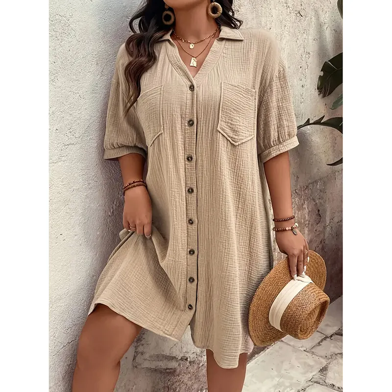 Womens Cotton Shirt Dress Summer Casual Short Sleeve Button Down V Neck Loose Mini Dress With Pockets - Apricot