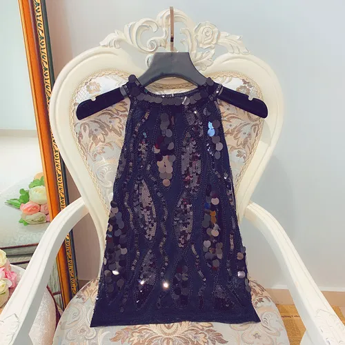 Wave Pattern Sequined Elegant Halter Sleeveless Top Fashionable Black - Shop at LoveMi